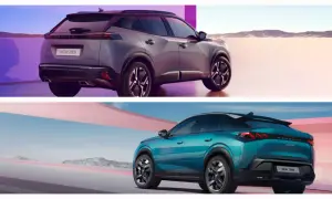 Dwa modele 2008 peugeot: szary i turkusowy, prezentowane z tyłu na tle pustynnego krajobrazu i abstrakcyjnych form.