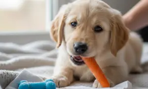 Goldener Retriever Welpe kaut auf Karotte, während sein Zahnwechsel beginnt. Neben ihm liegt ein blaues Knochenspielzeug.