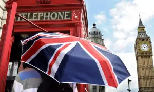 Cabina telefónica roja y paraguas con la Union Jack, con el Big Ben al fondo. Un recuerdo de apellidos ingleses antiguos.