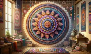 Wspaniała, wielobarwna mandala zdobi ścianę, otoczona dywanami i tkaninami w stylu boho.