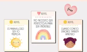 Tarjetas con afirmaciones positivas para niños: "Es maravilloso ser yo mismo/a", "No necesito ser perfecto/a para ser increíble" y "Cuando cometo errores también aprendo".