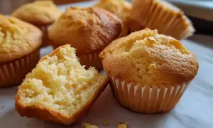 En grupp fluffiga vanilj muffins, en är uppäten och visar sitt saftiga inre. Perfekt för fikat!