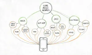 A diagram shows core music genres like Rock, Hip Hop, Jazz, and Electronic, with subgenres branching out, all connected to a smartphone, illustrating Spotify genres.