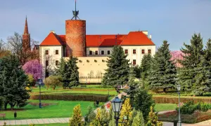Wspaniała wieża zamkowa z cegły, otoczona zielonym parkiem i drzewami, z widoczną w tle katedrą.