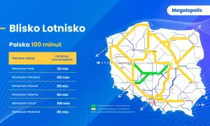 Mapa Polski z zaznaczonymi trasami kolejowymi i czasem przejazdu do CPK Warszawa.