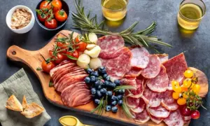 Un plateau charcuterie généreux avec différentes variétés de saucissons, tomates cerises, myrtilles et pain grillé. Une belle deco plateau charcuterie pour un apéritif gourmand.