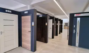 Rząd nowoczesnych drzwi wewnętrznych i zewnętrznych w salonie.