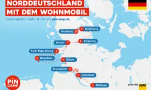 Reiseplan für Norddeutschland mit dem Wohnmobil: Von Hamburg (1) über Glückstadt (2) und Brunsbüttel (3) bis nach Büsum (4).
