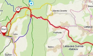 Mapa szlaku turystycznego w Słowacji, prowadzącego przez tereny skalne. Start w Jablonové, meta w Lietavie.