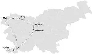 Route für eine slowenien rundreise: LJU Airport, Bled, Bovec, Piran und Ljubljana.