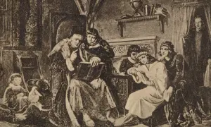 Wnętrze zamku, gdzie Jadwiga Andegaweńska, przyszła Jadwiga Jagiellonka, słucha opowieści.