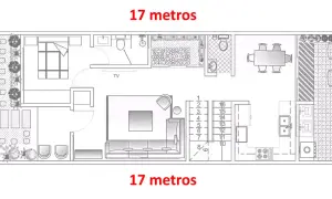 Plano de un chalet adosado de 17x6 metros, mostrando distribución de salón, cocina, dormitorio, baños y jardín.