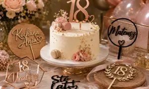 Elegancki tort na 18. urodziny z ozdobami, w tym topperem "18" i imieniem "Mateusz".