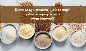 Miseczki z mąkami bezglutenowymi (ryżowa, kukurydziana, gryczana, migdałowa, owsiana) i ziarna.