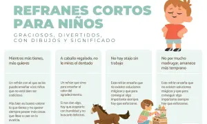 Ilustraciones de refranes cortos para niños, como "A caballo regalado, no le mires el dentado", con explicaciones y dibujos.