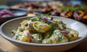 En krämig potatissallad med kapris, dill och rödlök, perfekt till grillat.
