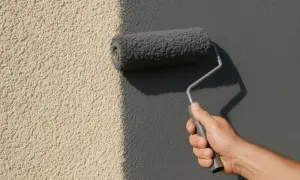 Main d'une personne appliquant une peinture sur enduit texturé, transformant une surface beige en un gris moderne.