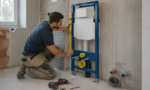 Instalator sprawdza pionowość stelaża Geberit, kluczowe dla prawidłowych wymiarów geberitu po zabudowie. Narzędzia i materiały budowlane na podłodze.