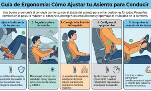 Guía para una **posición correcta para conducir**: ajusta piernas, altura, respaldo, lumbar y brazos para mayor comodidad y seguridad.