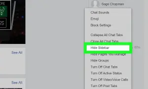 Jak ukryć aktywność na Messengerze? Kliknij "Hide Sidebar", aby ukryć panel czatów i zminimalizować widoczność swojej obecności online.