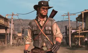 John Marston w kapeluszu i kamizelce, gotowy do akcji w miasteczku z Dzikiego Zachodu. Czekasz na Red Dead Redemption PS5?
