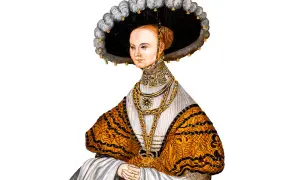 Porträtt av Margareta Eriksdotter (Vasa) i en stor hatt och guldfärgad dräkt med rikliga smycken.