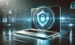 Laptop z tarczą i kłódką symbolizującą bezpieczeństwo. W tle cyfrowy świat z kodem binarnym i ikonami zamków, sugerujący skanowanie antywirusowe.