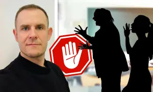 Mikael Kalmenstam ser allvarlig ut bredvid en stoppskylt och silhuetter av ett grälande par.