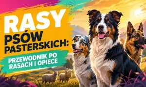 Trzy psy pasterskie: border collie, australian shepherd i owczarek niemiecki, na tle pasących się owiec i zachodzącego słońca.
