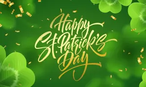 Tréboles verdes y confeti dorado celebran el Día de San Patricio con un mensaje festivo en letras doradas.