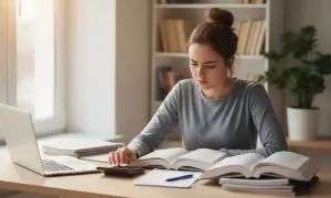 Młoda kobieta z włosami upiętymi w kok uczy się przy biurku z książkami, laptopem i kalkulatorem.