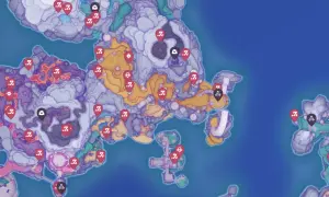 Mapa Slime Rancher 2 z zaznaczonymi lokacjami. Czerwone pinezki wskazują miejsca do odkrycia, a czarne z ikonami to specjalne punkty.