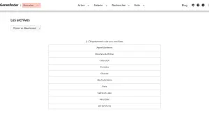 Page d'accueil de Geneafinder pour explorer les archives en ligne. Une liste de départements français est affichée pour rechercher des ancêtres.