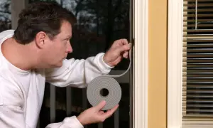 Mann dichtet undichte Fenster mit Dichtungsband ab, um Zugluft zu vermeiden.