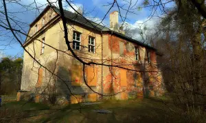 Zrujnowany pałac w Radojewie, z ceglanymi ścianami i zabitymi deskami oknami, otoczony dziką roślinnością.