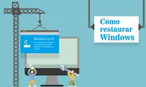 Ilustración de un PC siendo reparado con una grúa y herramientas, con un mensaje de "Restaurar tu PC".