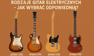 Cztery gitary elektryczne: Stratocaster, Les Paul, Telecaster i SG, na brązowym tle.