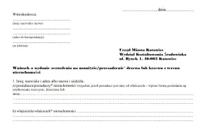 Wniosek o zezwolenie na wycinkę drzew na działce, skierowany do Wydziału Kształtowania Środowiska Urzędu Miasta Katowice.