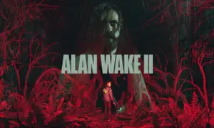 Mroczny las, agentka FBI z latarką i pistoletem, nad nimi twarz Alana Wake'a. To kluczowe dla **Alan Wake 2 poradnik**.