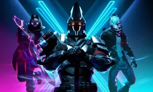 Trzech bohaterów z Fortnite w neonowym otoczeniu. Sprawdź Fortnite wymagania, by dołączyć do walki!