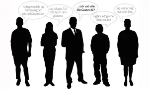 Silhuetter av fem personer med pratbubblor som beskriver tecken på mobbning på arbetsplatsen, som att bli kallad ful och tjock, eller att aldrig få ordet.