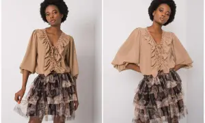Modelka w bluzce z falbankami i koronką oraz zwiewnej spódnicy z falbanami w stylu boho.