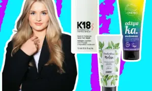 Blondynka z produktami do włosów, które pomogą Ci dowiedzieć się, jak wygładzić włosy.