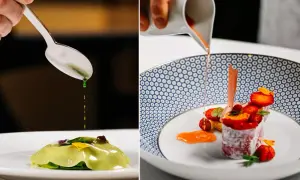 Dettagli di alta cucina: un primo piatto verde e un dessert alle fragole, esempi di eccellenza nei ristoranti stellati Marche.