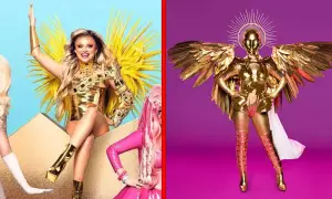 Två gyllene, glittrande dräkter. En person med stora gula fjädrar, en annan som en gyllene ängel. Kanske framtida masked singer 2026 deltagare?