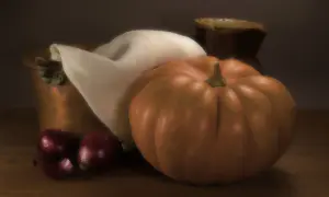 Zbiory jesienne: dynia, cebule, miedziany garnek i tkanina. Esempi still life fotografia.