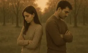 Coppia con le braccia conserte, spalle alle spalle, in un bosco autunnale. Un momento di riflessione, forse il difficile passo di lasciare andare un uomo.