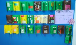 Varias ideas de lapbook creativos, con solapas y sobres, exhibidos en una pared azul.