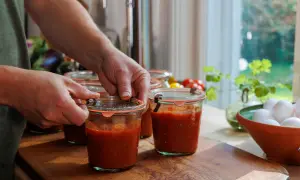 Händer som stänger glasburkar fyllda med mustig, passerad tomat. En skål med ägg och färska tomater syns i bakgrunden.