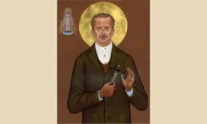 Święty Mateusz Talbot, patron alkoholików, trzyma krzyż. Obok niego Matka Boska.